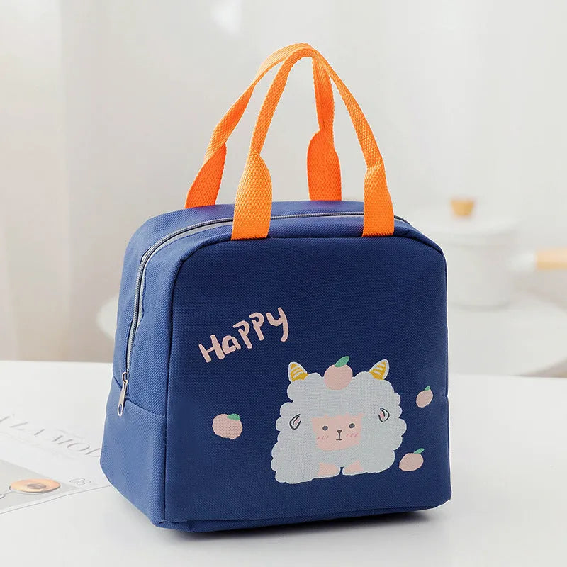 Insulated lunch bag and matching lunch box set in Oxford cloth with a carry handle.