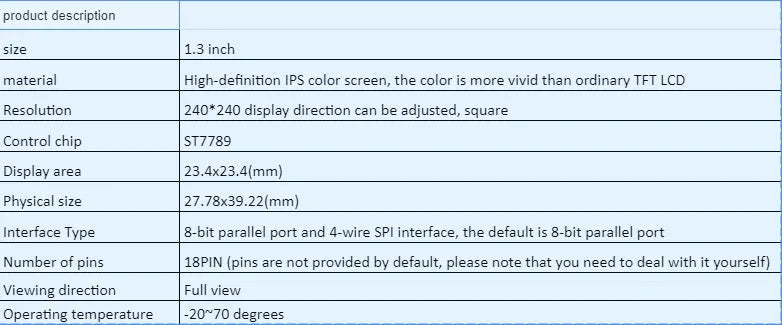 1.3-inch square IPS LCD display module with 240x240 resolution and 18-pin connector.