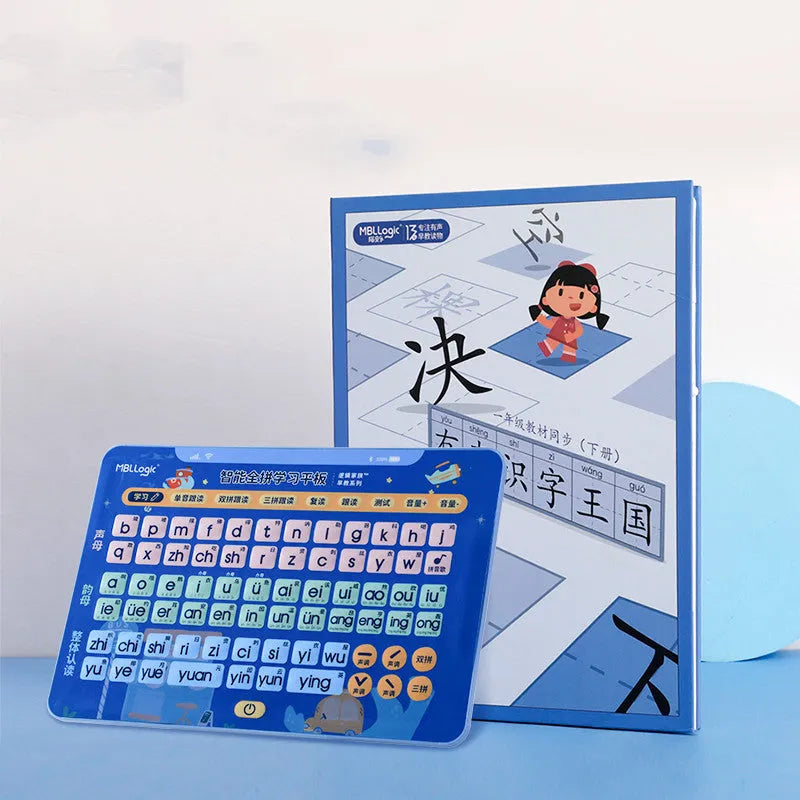 Learn to Read Chinese pinyin audio educational wall chart toy for children, showing 14-inch model or tablet with cards.