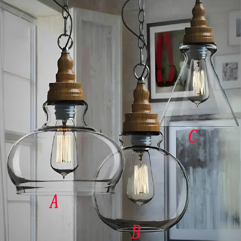 Glass single head pendant light with wood grain finish and adjustable cable, shown in a Nordic style interior.