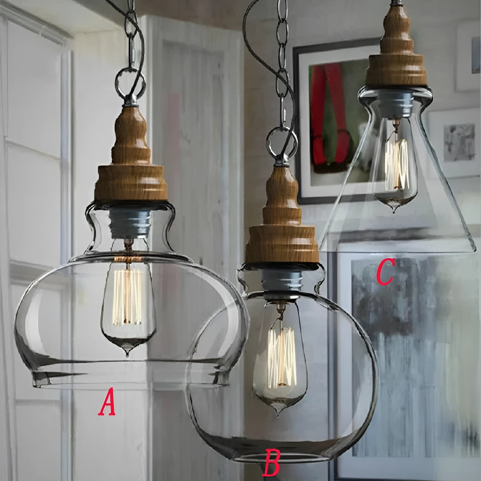 Glass single head pendant light with wood grain finish and adjustable cable, shown in a Nordic style interior.