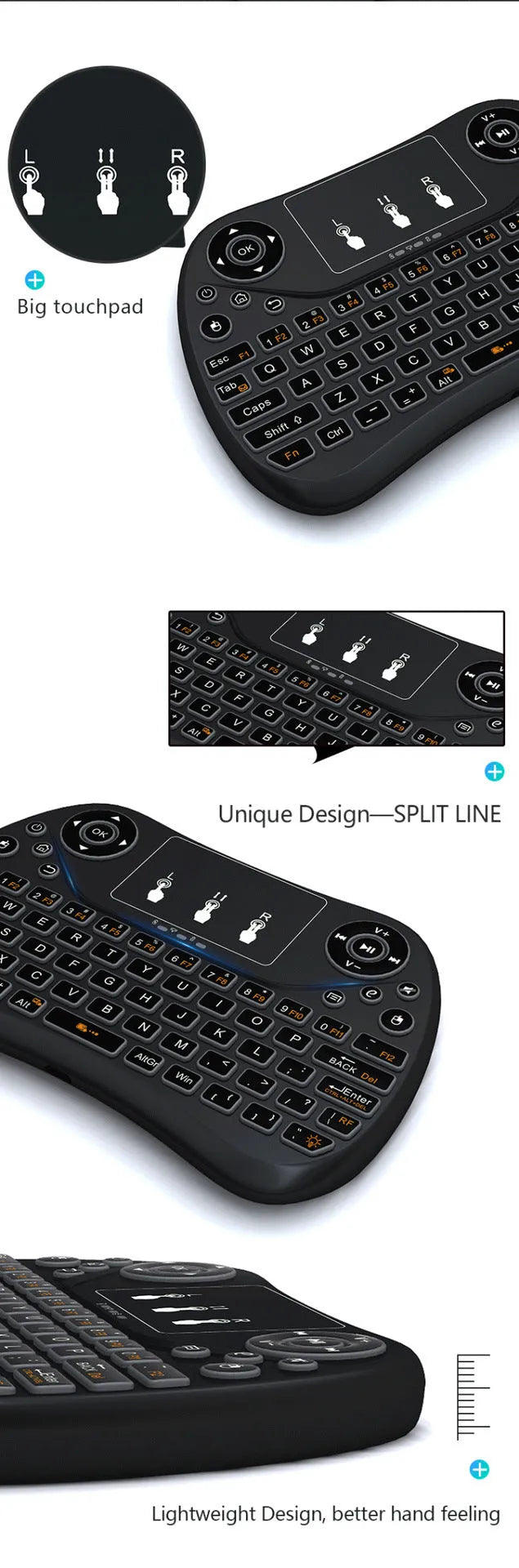 Mini touch keyboard with seven-colour backlight, 2.4G wireless USB, English layout, 152x102x13mm
