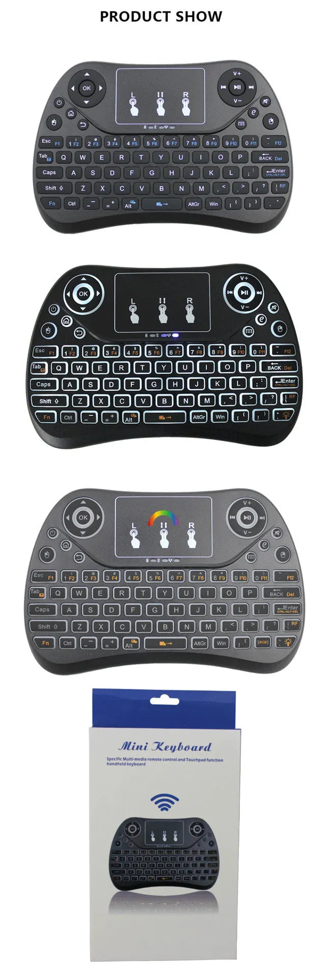 Mini touch keyboard with seven-colour backlight, 2.4G wireless USB, English layout, 152x102x13mm