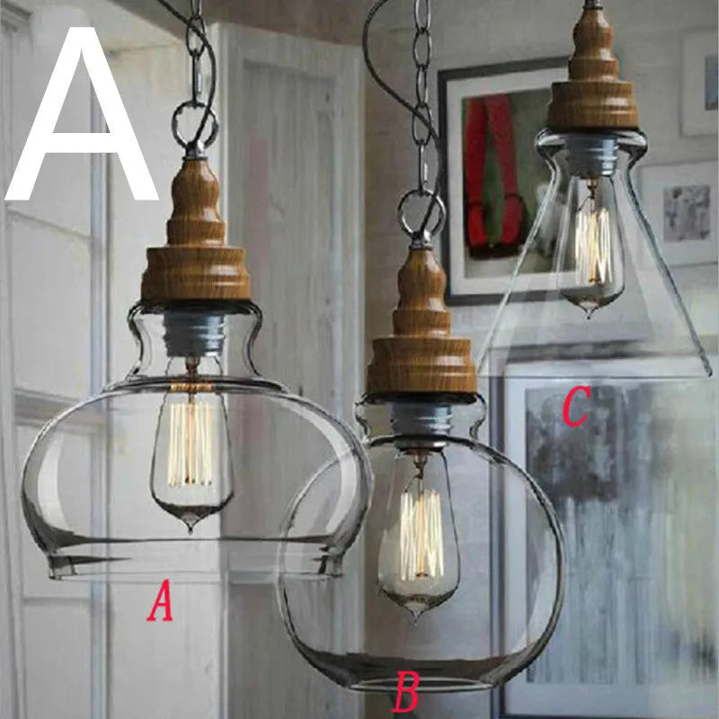 Glass single head pendant light with wood grain finish and adjustable cable, shown in a Nordic style interior.