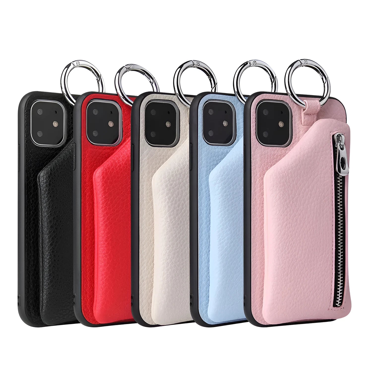 Pink imitation leather phone case with crossbody lanyard and detachable coin purse on an iPhone.