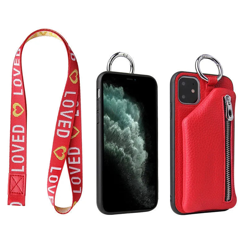 Pink imitation leather phone case with crossbody lanyard and detachable coin purse on an iPhone.