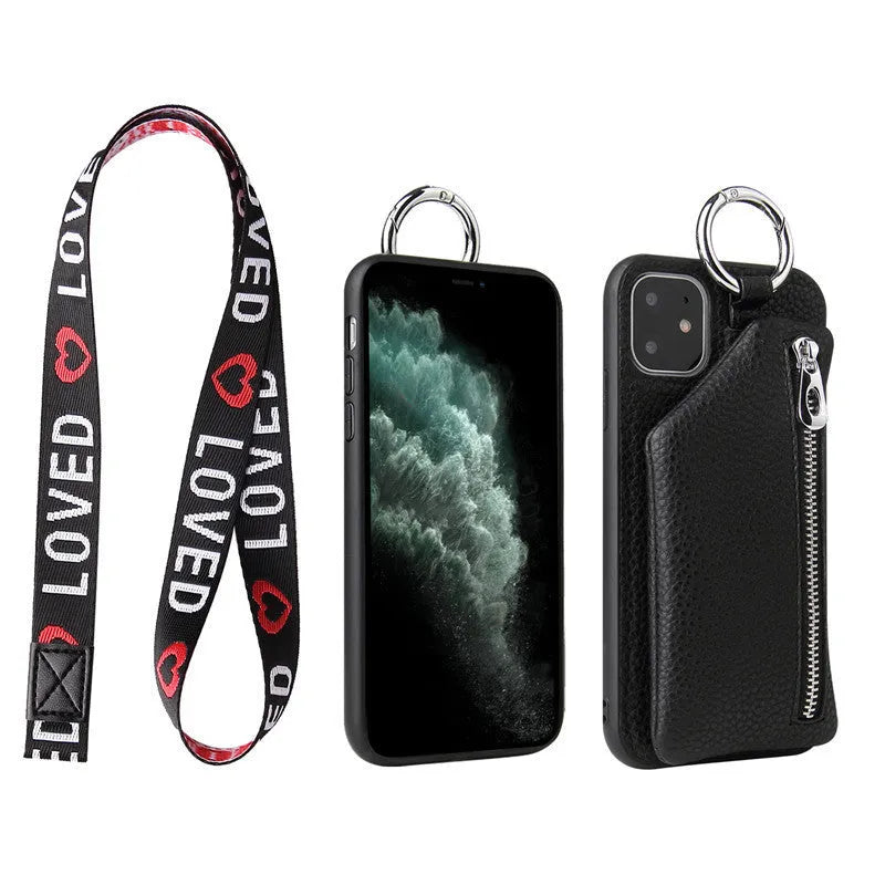 Pink imitation leather phone case with crossbody lanyard and detachable coin purse on an iPhone.
