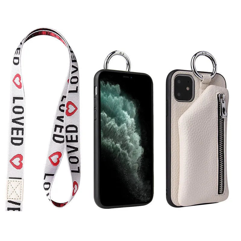Pink imitation leather phone case with crossbody lanyard and detachable coin purse on an iPhone.