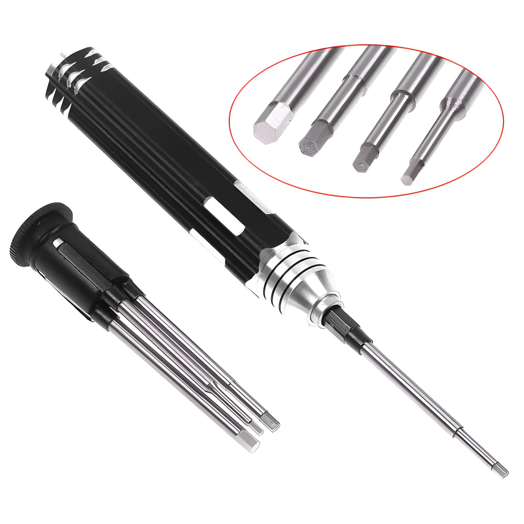 Black four-piece hexagon socket screwdriver set for aeromodelling with 1.5, 2.0, 2.5, 3.0mm bits.