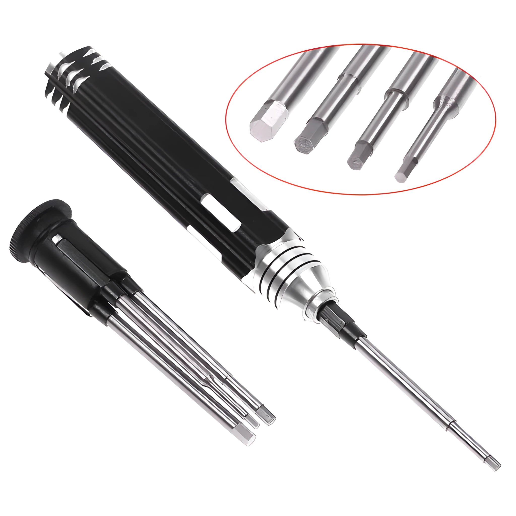 Black four-piece hexagon socket screwdriver set for aeromodelling with 1.5, 2.0, 2.5, 3.0mm bits.