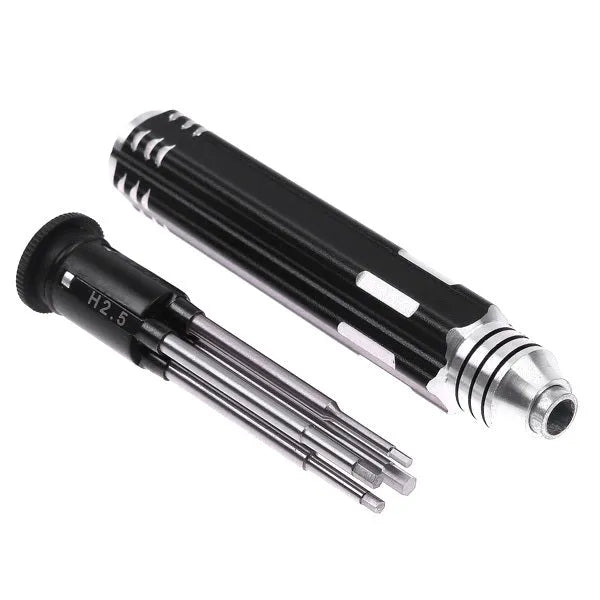 Black four-piece hexagon socket screwdriver set for aeromodelling with 1.5, 2.0, 2.5, 3.0mm bits.