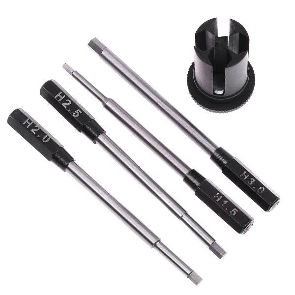 Black four-piece hexagon socket screwdriver set for aeromodelling with 1.5, 2.0, 2.5, 3.0mm bits.
