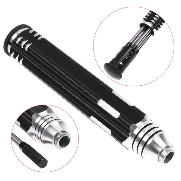 Black four-piece hexagon socket screwdriver set for aeromodelling with 1.5, 2.0, 2.5, 3.0mm bits.