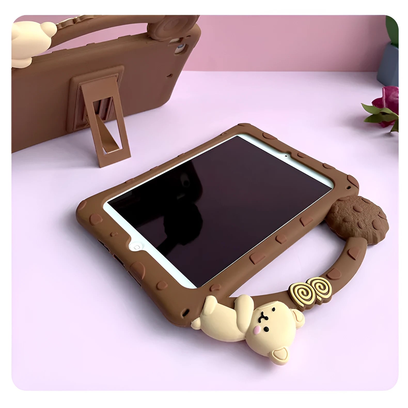 Brown silicone tablet sleeve with bracket portable design for multiple iPad models