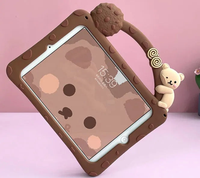 Brown silicone tablet sleeve with bracket portable design for multiple iPad models