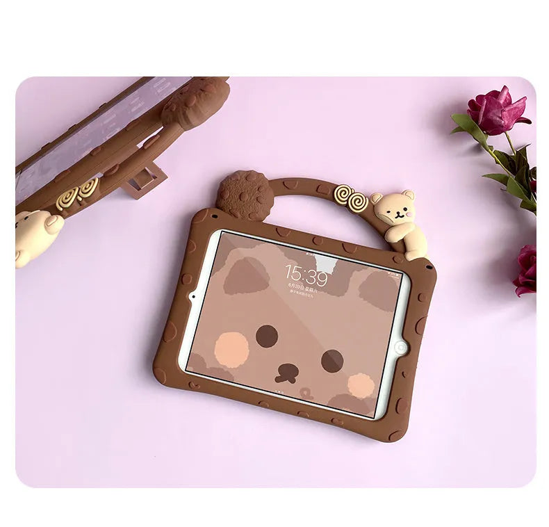 Brown silicone tablet sleeve with bracket portable design for multiple iPad models