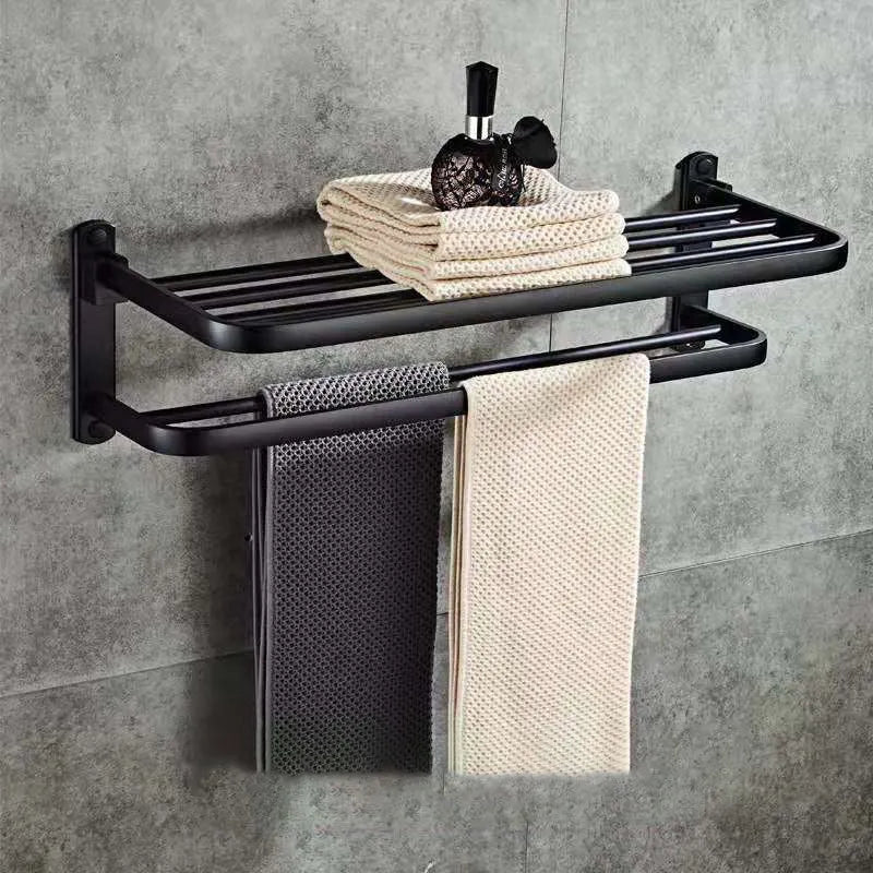 Aluminium bathroom folding shelf with two layers and towel rack in anodised finish