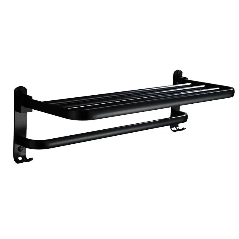 Aluminium bathroom folding shelf with two layers and towel rack in anodised finish