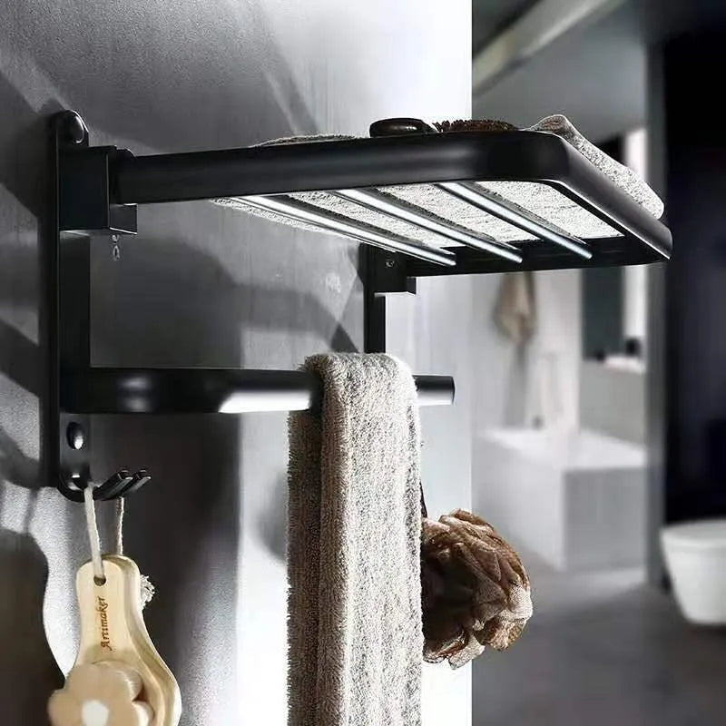 Aluminium bathroom folding shelf with two layers and towel rack in anodised finish