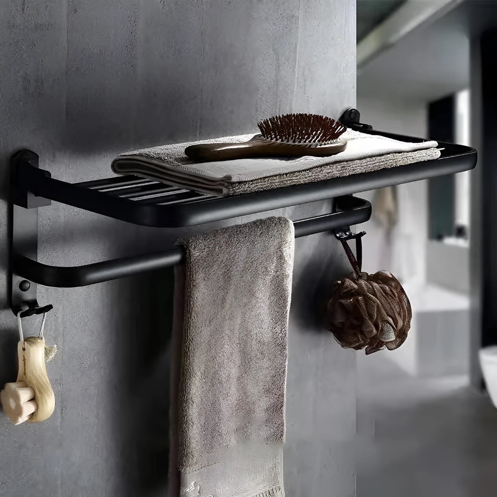 Aluminium bathroom folding shelf with two layers and towel rack in anodised finish