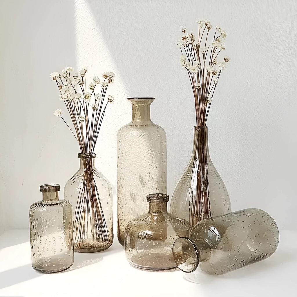 Grey geometric bubble glass vase with textured surface and stained glass construction