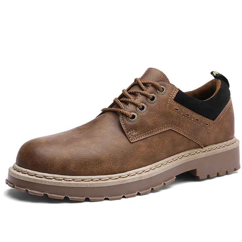 Men's round toe casual shoes in artificial PU, available in black, brown, and dark brown on a rubber sole