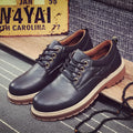 Men's round toe casual shoes in artificial PU, available in black, brown, and dark brown on a rubber sole