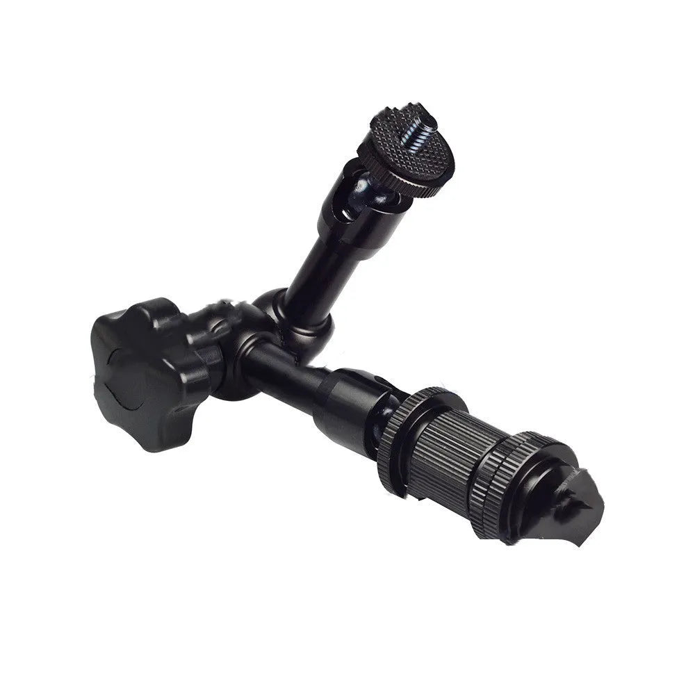Black all-metal 7-inch articulating friction arm for DSLR cameras with hot shoe and camera mounts
