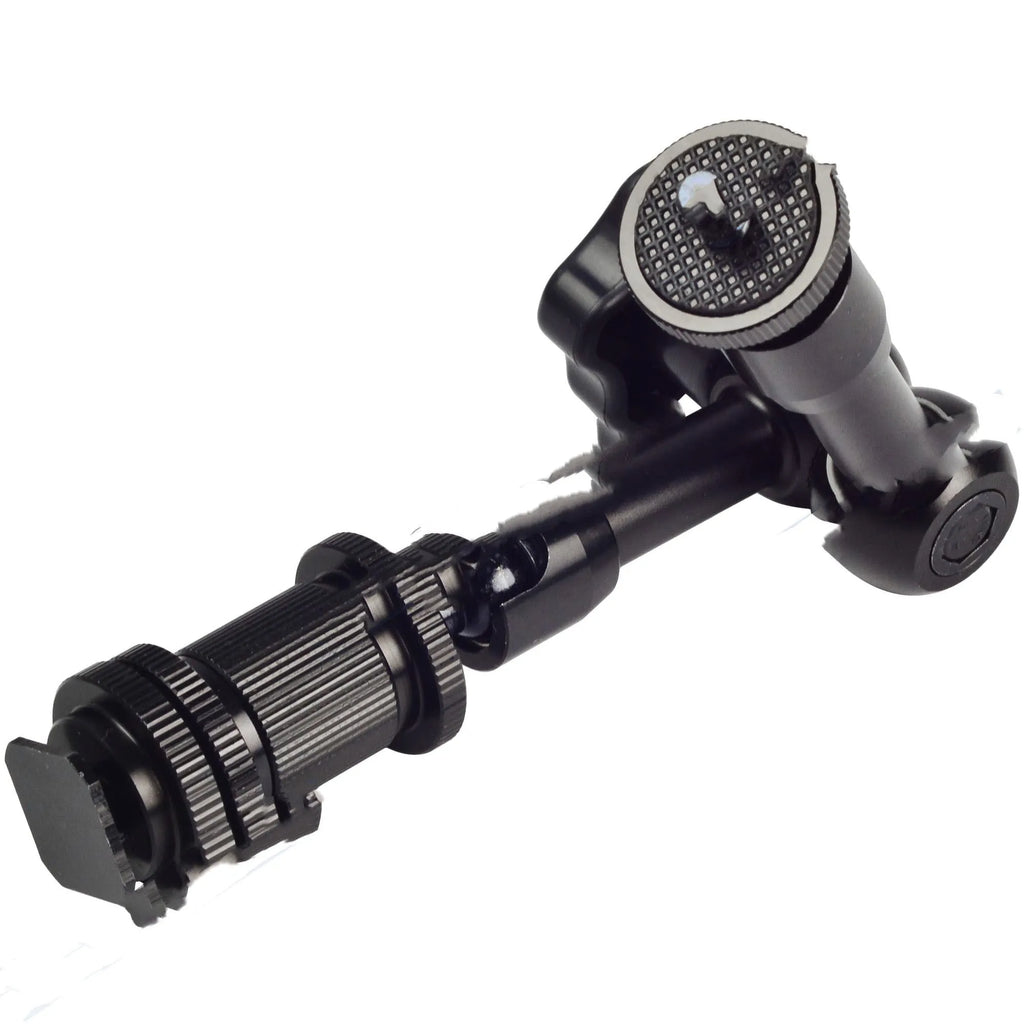 Black all-metal 7-inch articulating friction arm for DSLR cameras with hot shoe and camera mounts