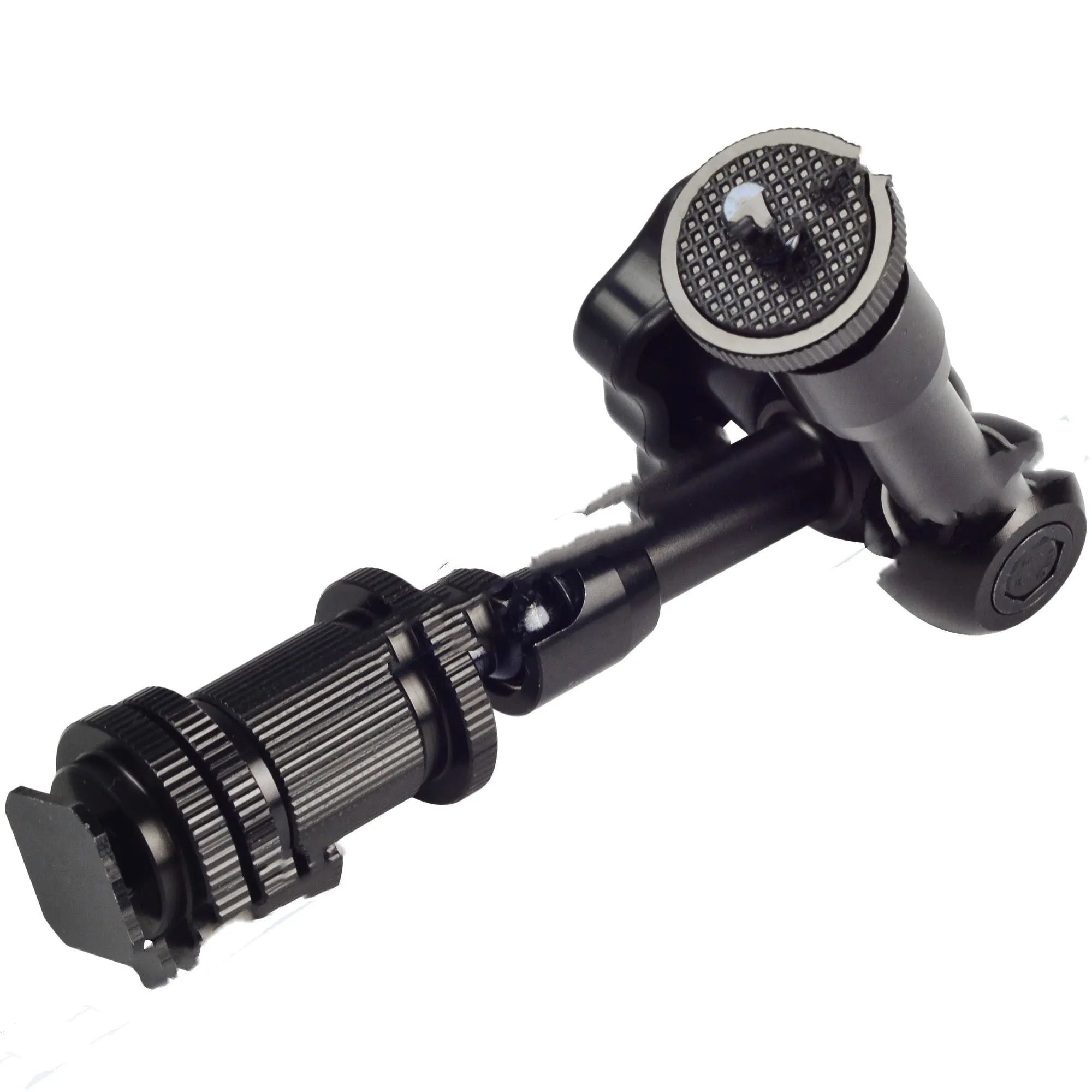 Black all-metal 7-inch articulating friction arm for DSLR cameras with hot shoe and camera mounts
