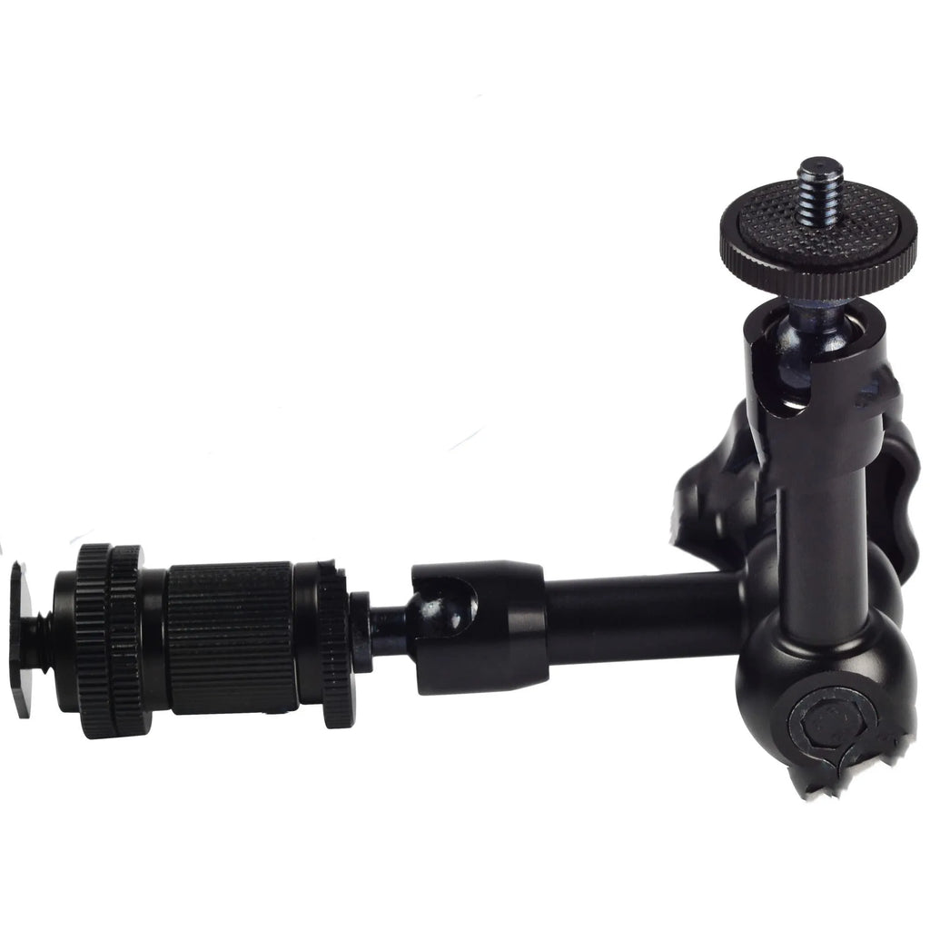 Black all-metal 7-inch articulating friction arm for DSLR cameras with hot shoe and camera mounts
