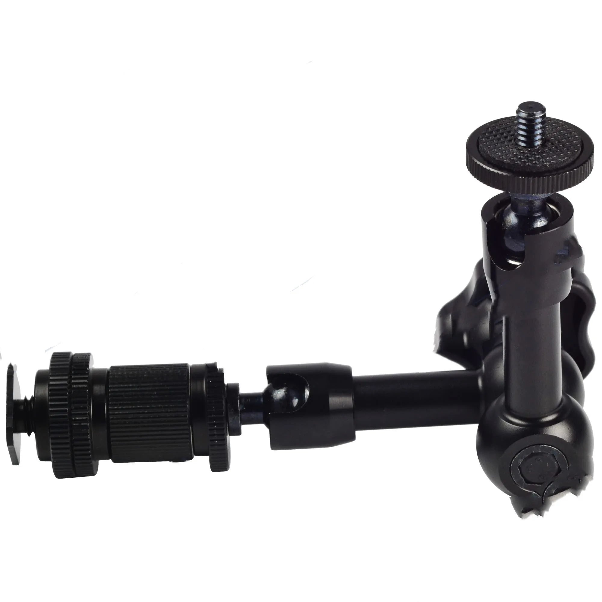 Black all-metal 7-inch articulating friction arm for DSLR cameras with hot shoe and camera mounts