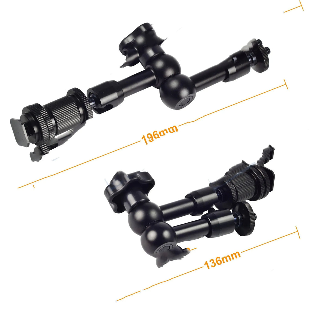 Black all-metal 7-inch articulating friction arm for DSLR cameras with hot shoe and camera mounts