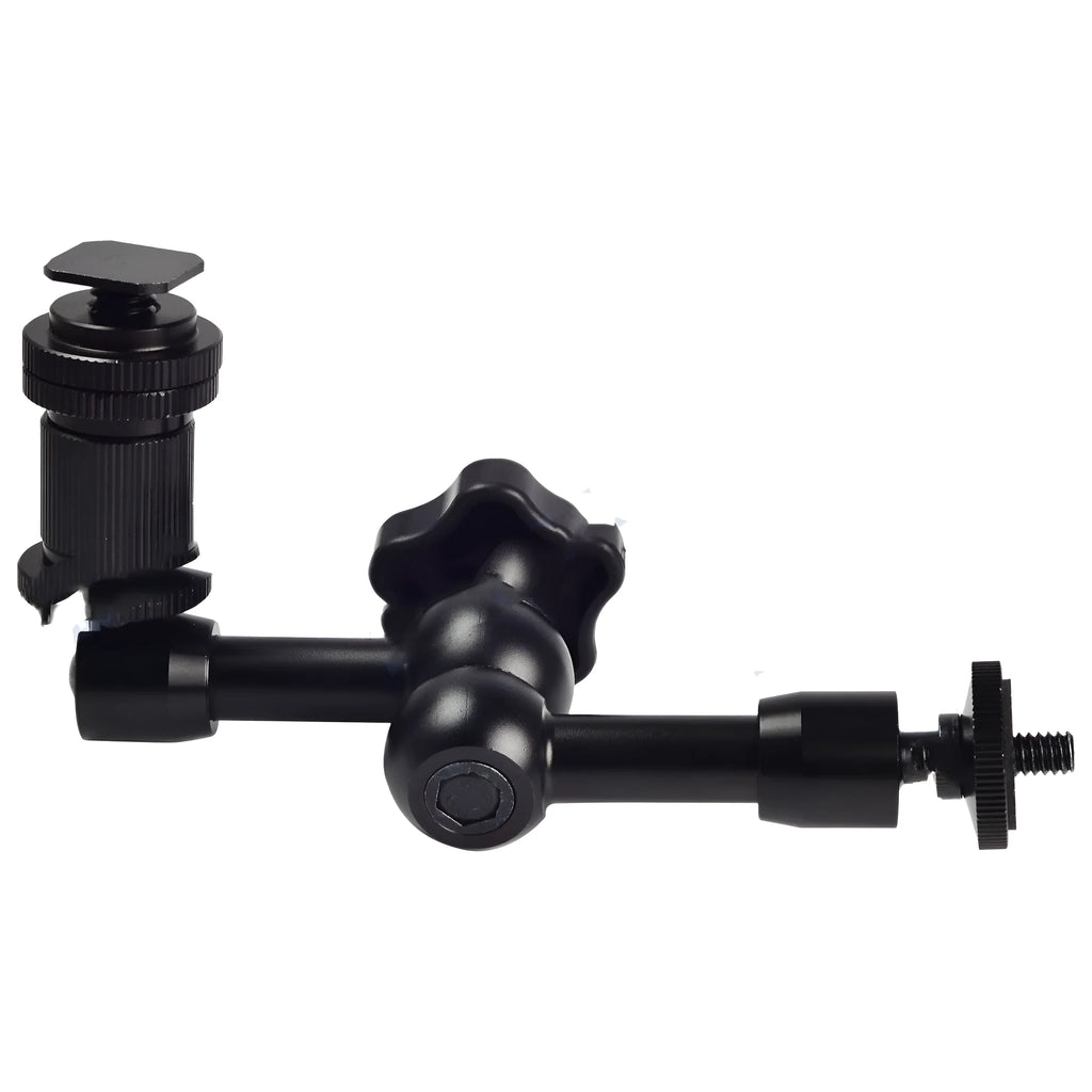 Black all-metal 7-inch articulating friction arm for DSLR cameras with hot shoe and camera mounts