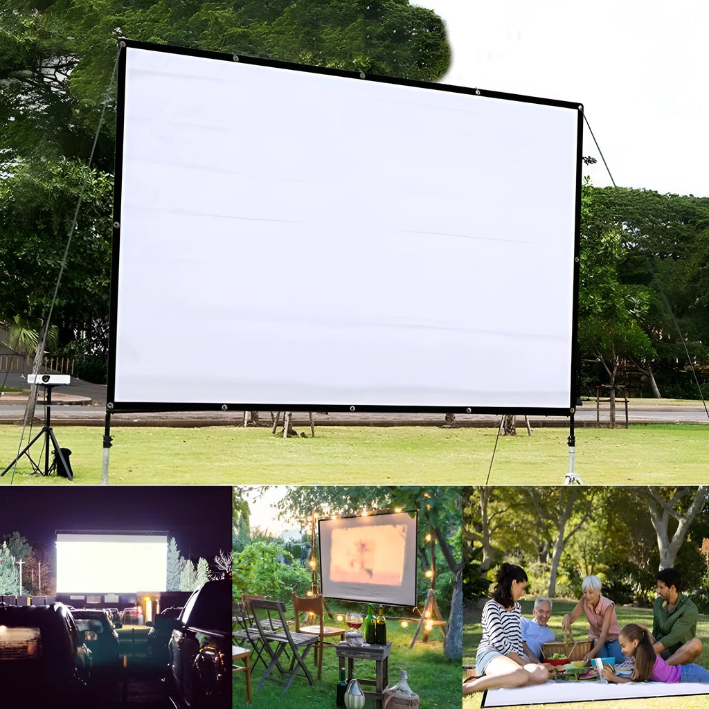 White foldable portable projector screen with 150-inch diagonal measurement