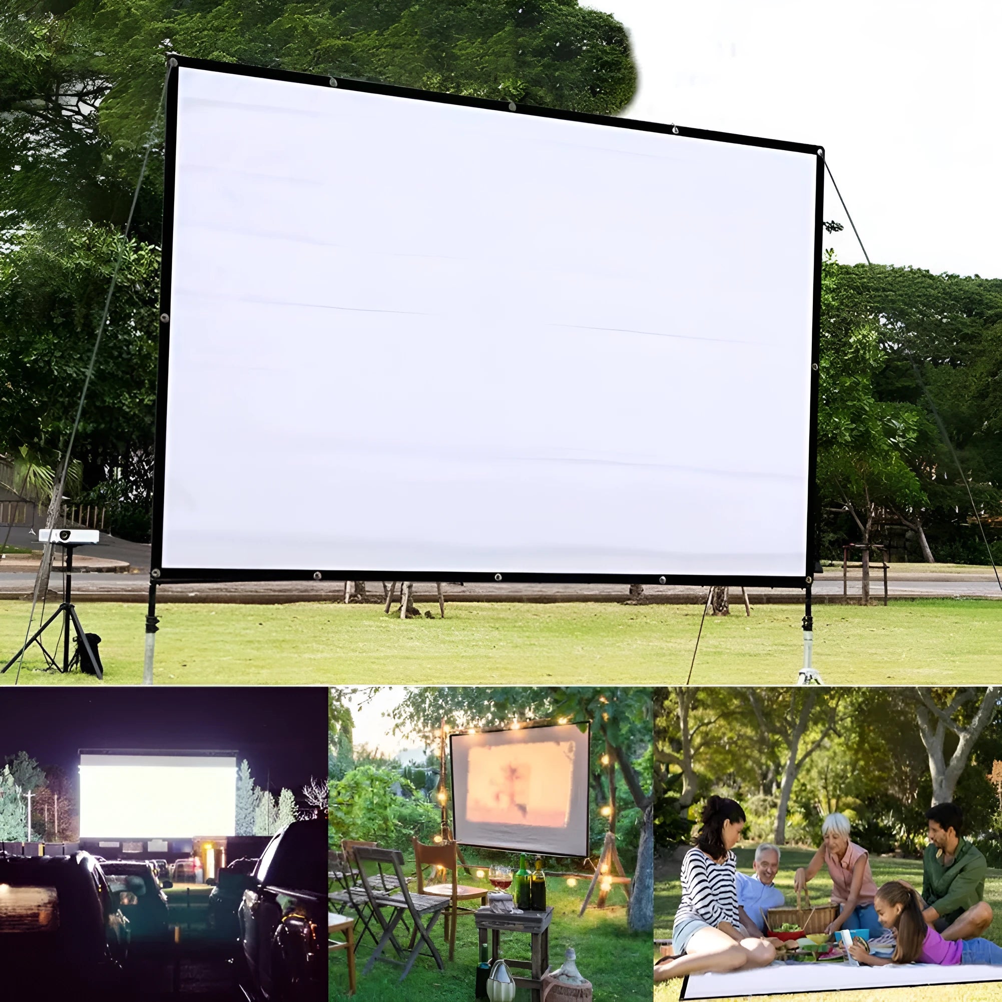 White foldable portable projector screen with 150-inch diagonal measurement