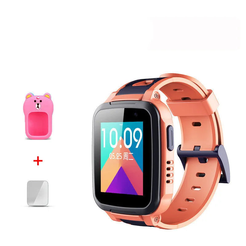 360 SE5 blue children's waterproof phone watch with stainless steel wristband on a wrist.