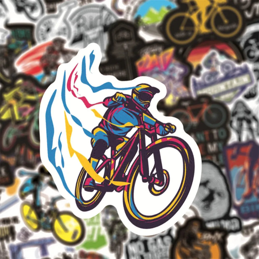 Pack of fifty self-adhesive mountain bike and cross-country bicycle design stickers for notebooks and fridges.