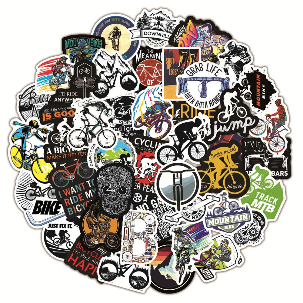 Pack of fifty self-adhesive mountain bike and cross-country bicycle design stickers for notebooks and fridges.