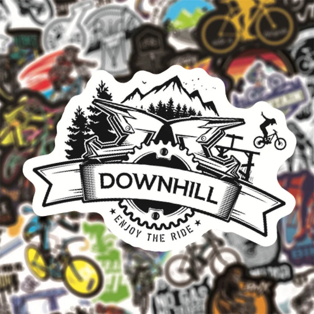 Pack of fifty self-adhesive mountain bike and cross-country bicycle design stickers for notebooks and fridges.