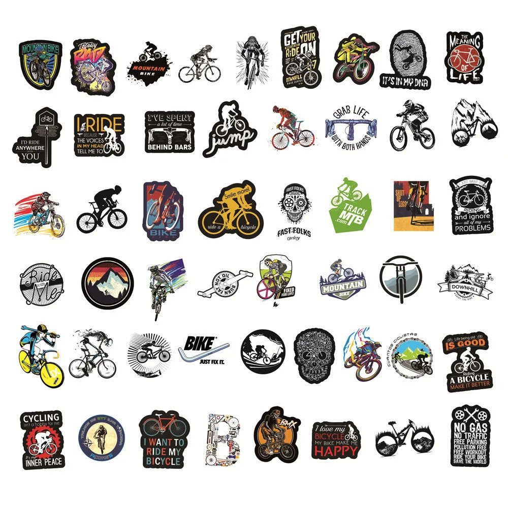 Pack of fifty self-adhesive mountain bike and cross-country bicycle design stickers for notebooks and fridges.