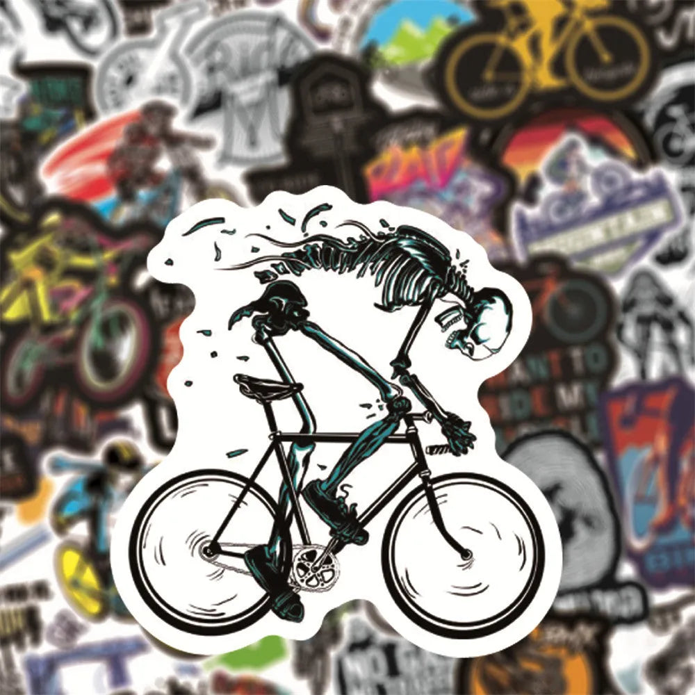 Pack of fifty self-adhesive mountain bike and cross-country bicycle design stickers for notebooks and fridges.