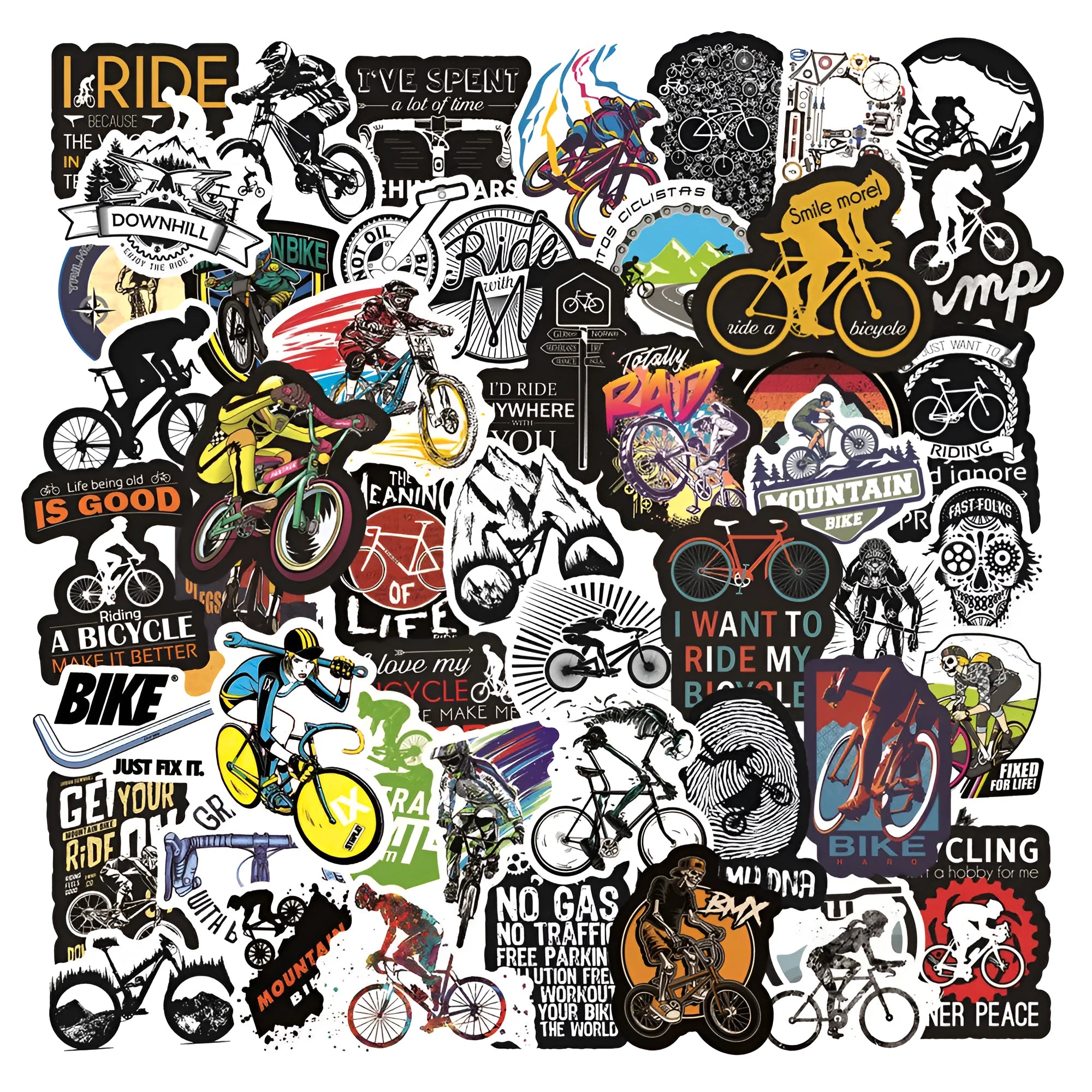 Pack of fifty self-adhesive mountain bike and cross-country bicycle design stickers for notebooks and fridges.