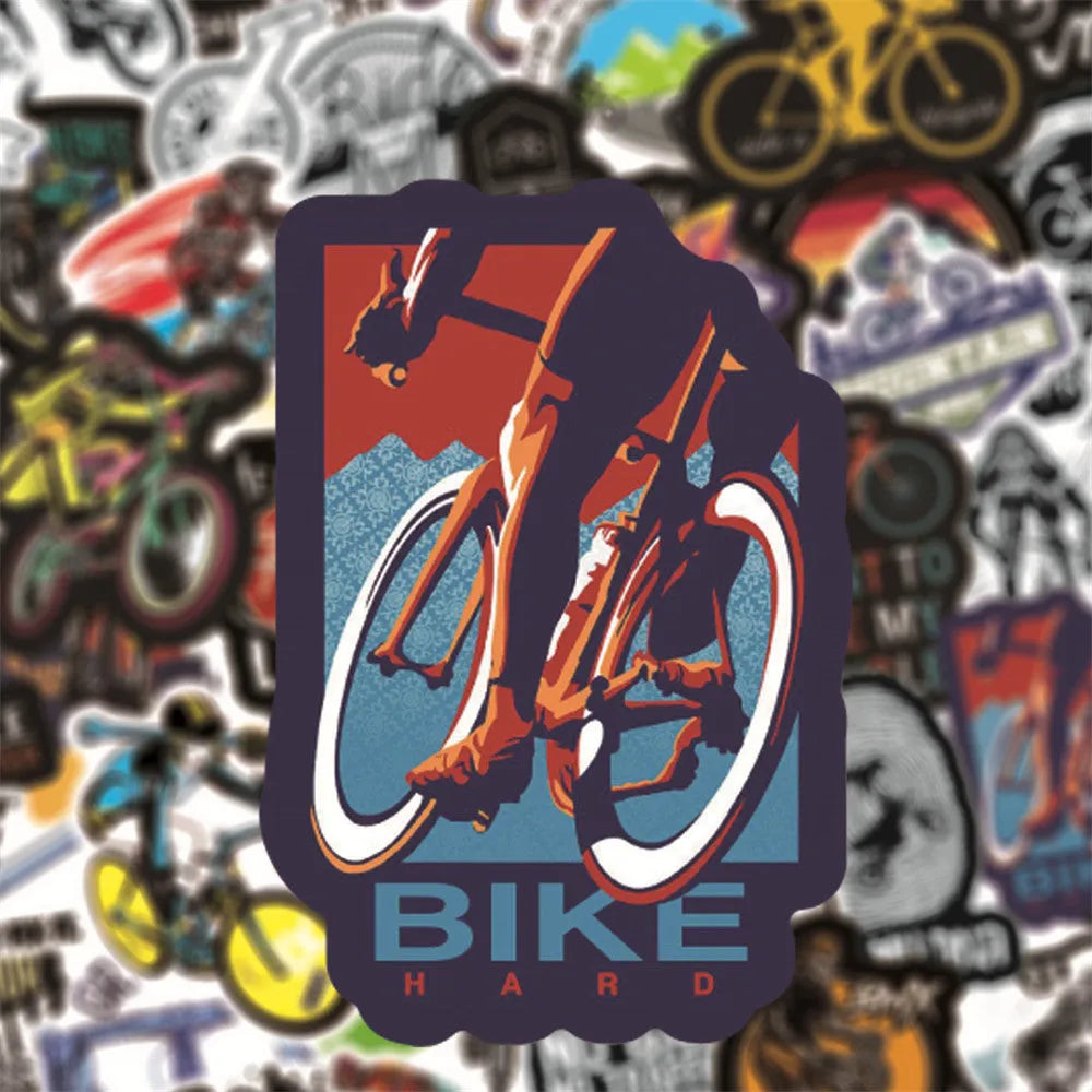 Pack of fifty self-adhesive mountain bike and cross-country bicycle design stickers for notebooks and fridges.