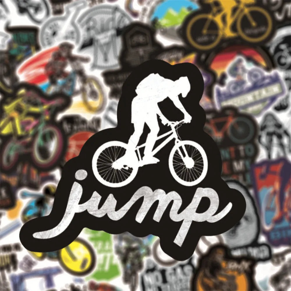 Pack of fifty self-adhesive mountain bike and cross-country bicycle design stickers for notebooks and fridges.
