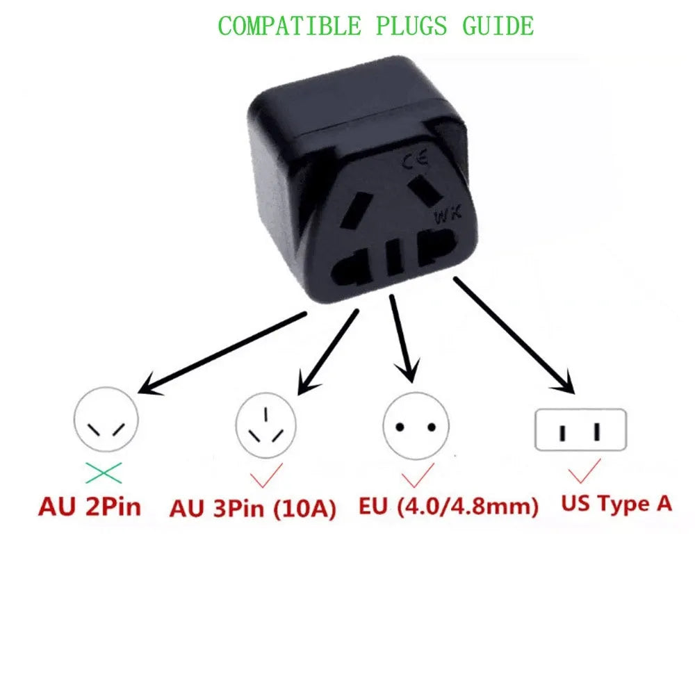 Square three-pin UK to international power adapter in black or white colour options