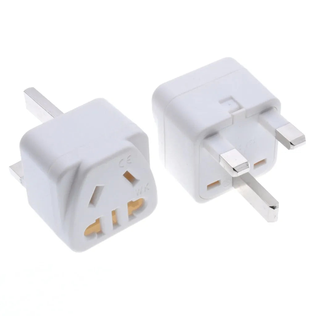 Square three-pin UK to international power adapter in black or white colour options