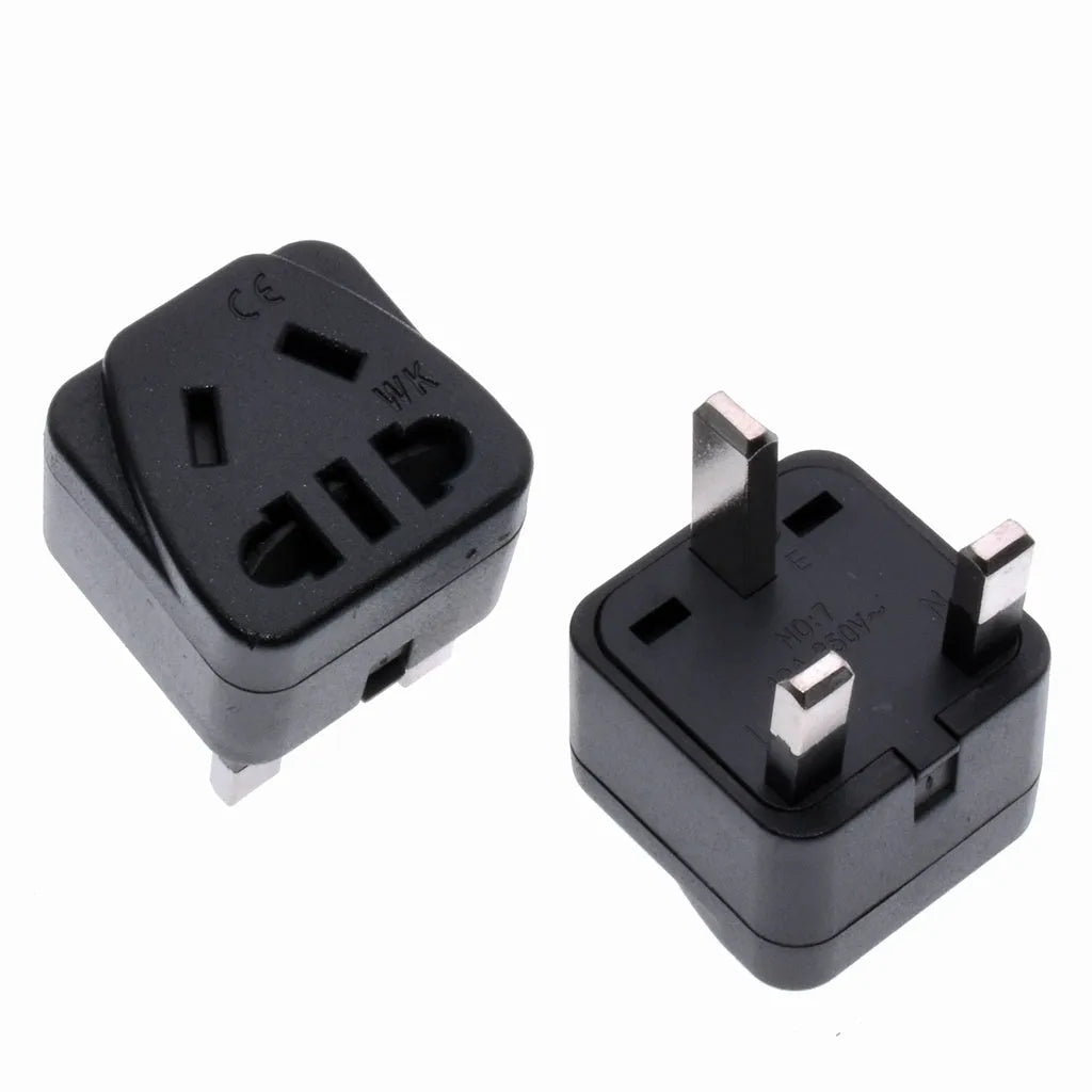 Square three-pin UK to international power adapter in black or white colour options