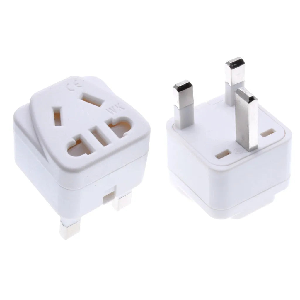 Square three-pin UK to international power adapter in black or white colour options