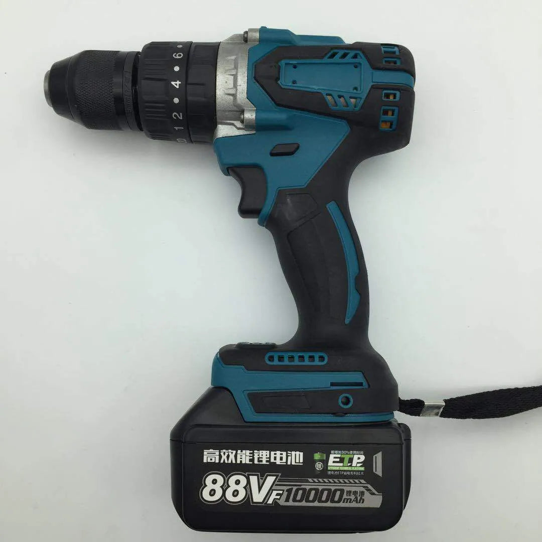 21V cordless multifunctional impact drill and electric screwdriver tool on a workbench.